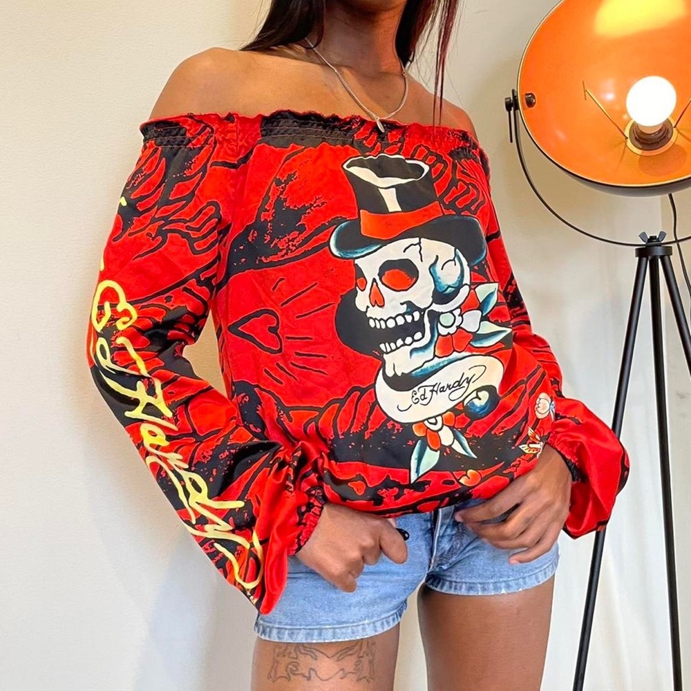 Silk red off the shoulder top by Ed Hardy.